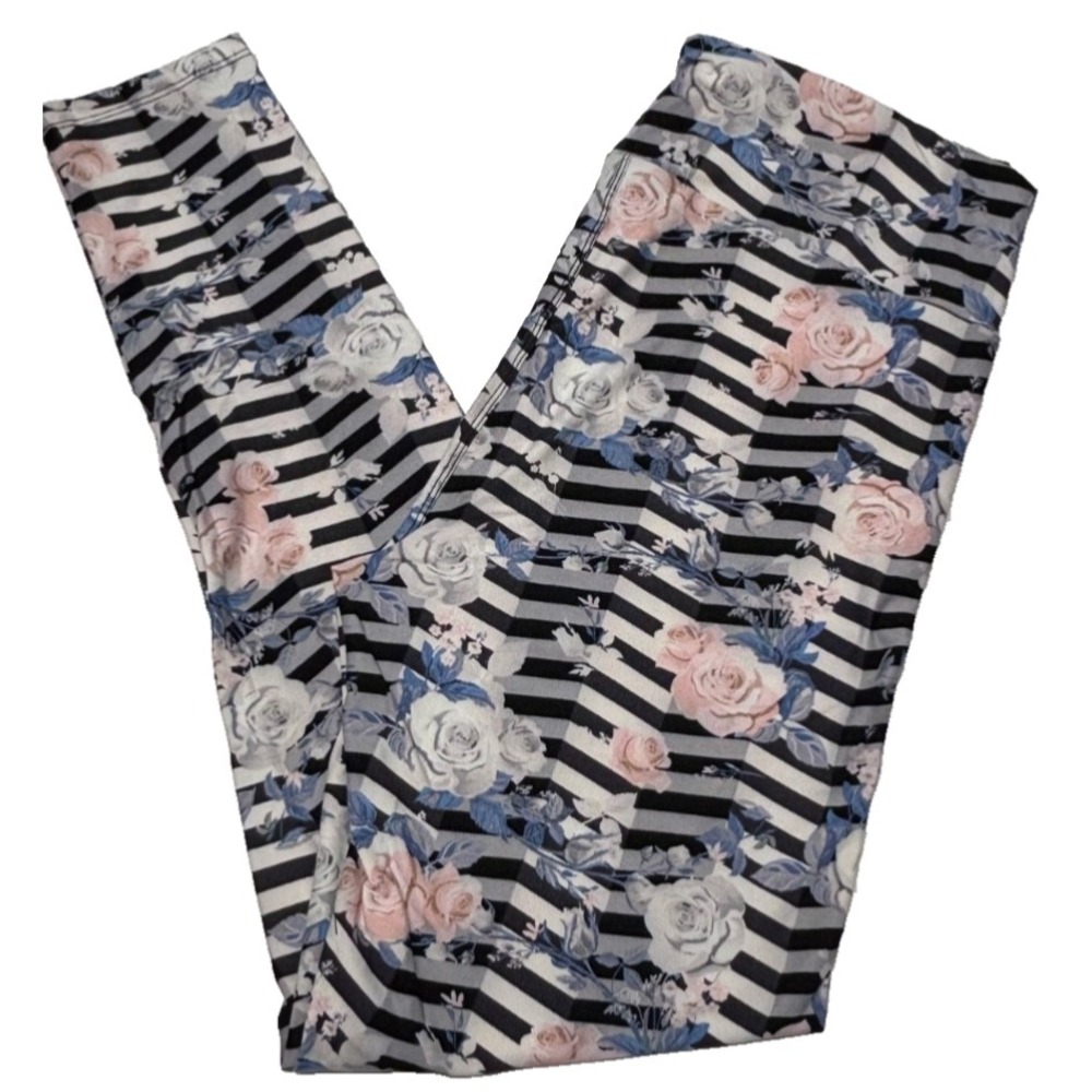 LuLaRoe Womens Leggings Size TC Black Pink Roses Floral Stripes Tall Curvy NWT